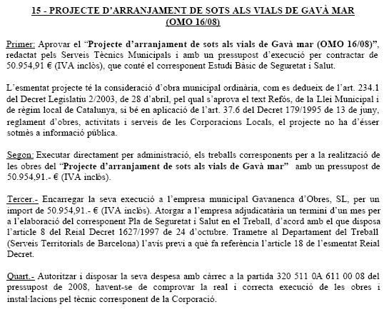 Extracto del acta de la Junta de Gobierno Local del Ayuntamiento de Gavà en la que se aprueba un proyecto de arreglo de baches en las calles de Gavà Mar (14 de Julio de 2008)